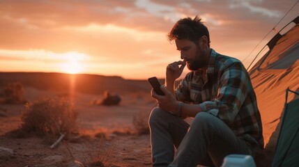 Fototapeta premium In a medium shot, a man gazes at his smartphone while at a desert camp during sunset, blending modern technology with the timeless beauty of the desert landscape.