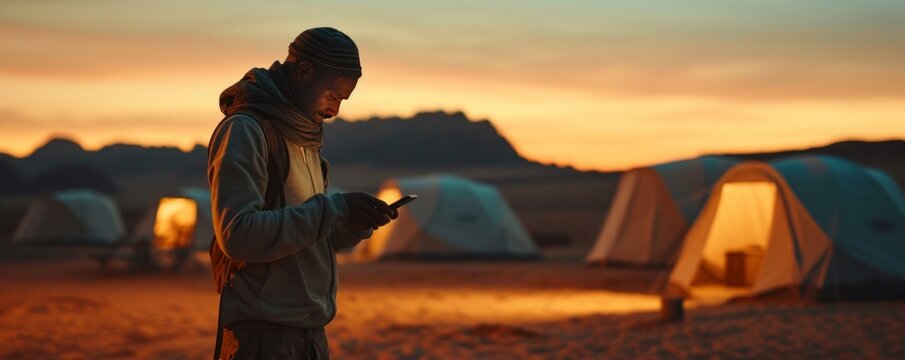 In a medium shot, a man gazes at his smartphone while at a desert camp during sunset, blending modern technology with the timeless beauty of the desert landscape.