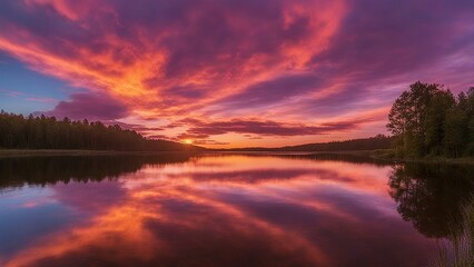 Obraz premium sunset over the river A beautiful sunset or sunrise landscape with a lake and amazing colorful clouds. The sun is low 