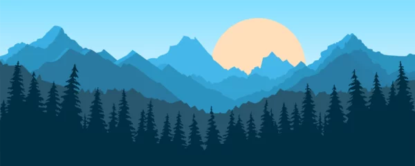 Rolgordijnen Beautiful panoramic mountain landscape at sunrise. Stunning landscape of silhouettes of high mountains and pine forests against the backdrop of stunning sun. Vector illustration for print. © LoveSan