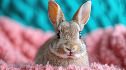 a brown rabbit sitting on top of a pink blanket on top of a blue and pink bed sheet on top of a pink blanket.