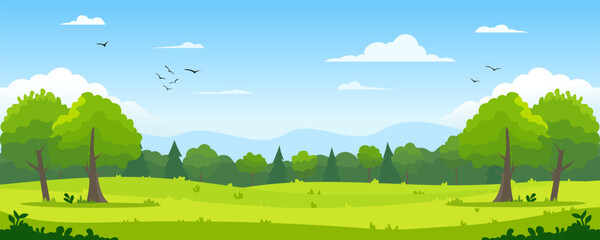 Beautiful landscape. Green summer forest clearing with grass and trees against the backdrop of a mixed forest of pine trees, hills, birds in the blue sky and clouds. Vector illustration for design. - obrazy, fototapety, plakaty