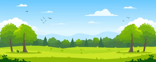 Schilderijen op glas Beautiful landscape. Green summer forest clearing with grass and trees against the backdrop of a mixed forest of pine trees, hills, birds in the blue sky and clouds. Vector illustration for design. © LoveSan