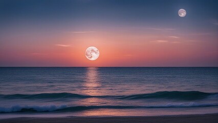 moon over sea panorama view of the sea with colorful sky, cloud and bright full moon  