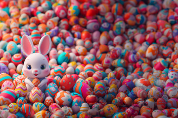 Rendu 3d, un lapin de pâques en relief, qui tient un œuf en chocolat décoré et peint de Pâques et est entouré de centaines d'autres œufs - Espace négatif pour texte copyspace - obrazy, fototapety, plakaty