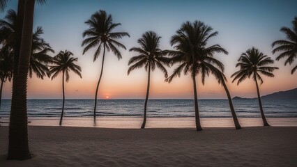 sunset at the beach ocean sea though palm trees  in the sand 