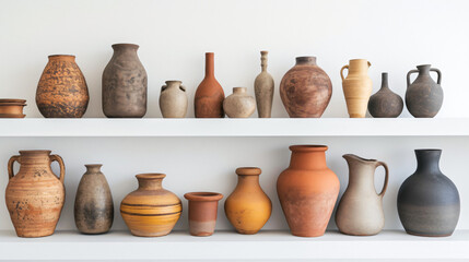 Fototapeta na wymiar Various clay vases placed on shelf against white.