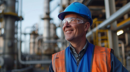 Fototapeta premium A mature adult man, Caucasian, gray hair, is on an oil platform or gas or hydrogen refinery, energy industry and extraction of raw materials
