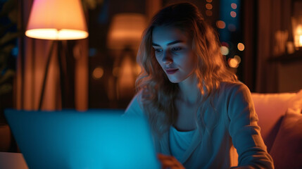 Adult woman, age 28, sitting at home in the living room on the laptop, in the evening or at night online on the internet, working as a remote job or in her free time as a student, highly concentrated