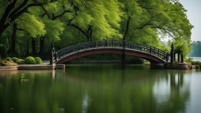 bridge over the river nature park scenery in spring, Hangzhou, Xihu lake,  