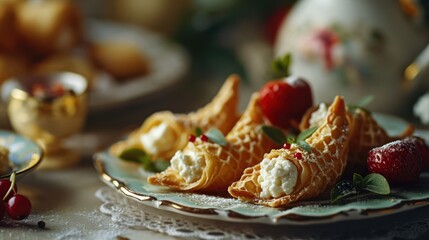 Obraz na płótnie Canvas miniature cannoli, featuring tiny crisp pastry shells filled with miniature ricotta cream, arranged on a miniature Italian dessert setting
