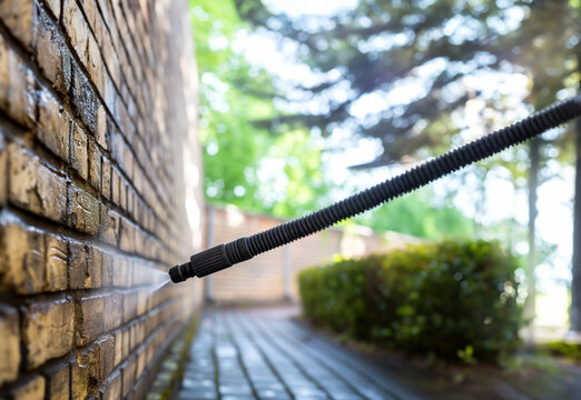 buse d'un karcher pulv&eacute;risant de l'eau sous pression pour nettoyer la mousse et la salet&eacute; sur un mur en brique de la cour int&eacute;rieure de la maison avec jardin.