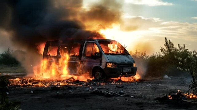 Scene of a car burning on the road, 4k animated virtual repeating seamless	