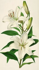 The vintage chromolithograph showcases botanical art, portraying the Madonna Lily or Lilium candidum.