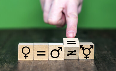 Symbol for gender equality. Hand turns a wooden cube and changes a unequal sign to a equal sign between symbols of men, women and transgender..