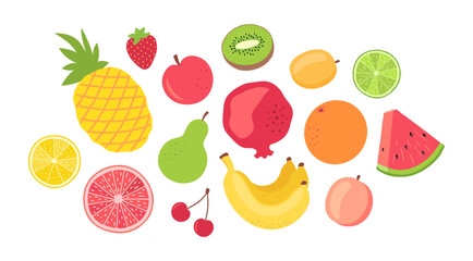 Fresh fruits set flat design. Simple fruit icons group. Summer bright design. Healthy sweet food - bananas, pomegranate, pineapple, watermelon slice, peach, apricot, lime, grapefruit, kiwi, cherry.
