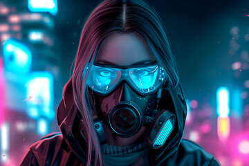 Portrait of a cyberpunk girl in a futuristic leather jacket, gas mask. Portrait against the backdrop of the city in neon lights. Future concept.