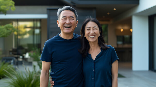 New home owner happy family asian senior couple with love, wife and husband feeling proud standing front of the house