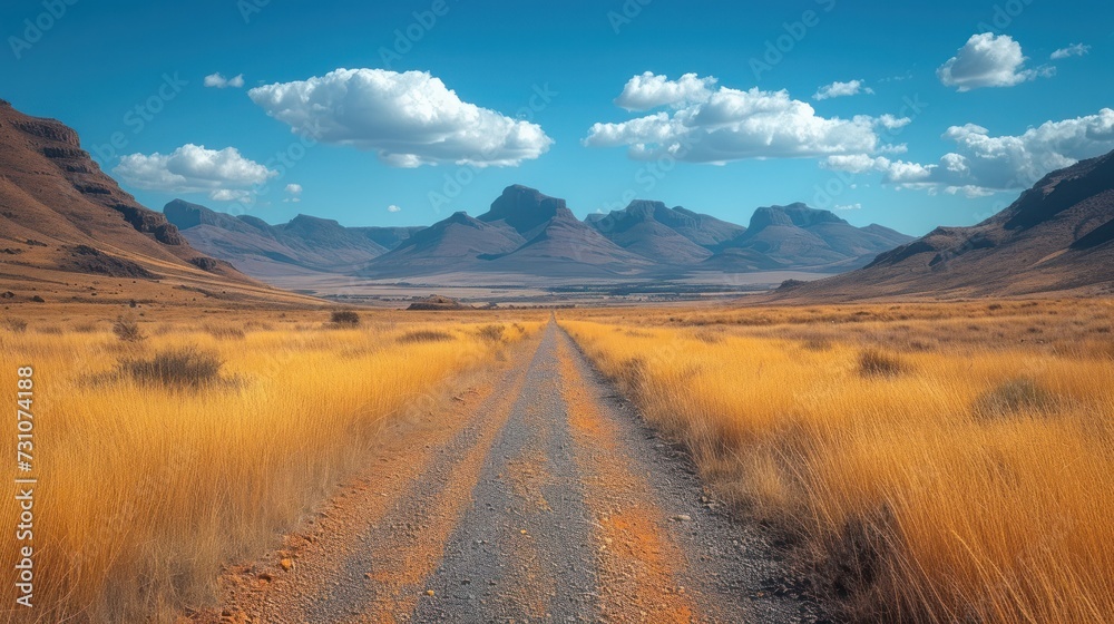 Wall mural a dirt road in the middle of a field with mountains in the background and a blue sky with white clouds.