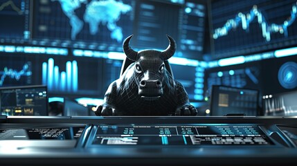 Anamorphic bull in suit sitting in trading center, bull market growth uptrend concept - obrazy, fototapety, plakaty