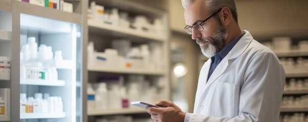 A pharmacist is seen utilizing a digital tablet to conduct inventory management tasks within a pharmacy setting. - obrazy, fototapety, plakaty