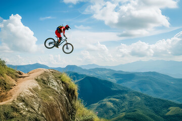 Man practicing mountain biking, big jump in open space