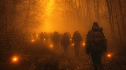 a group of people walking through a foggy forest at night with lights on the ground in front of them.