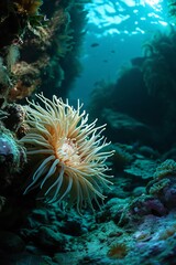 Anemone in deep sea water.