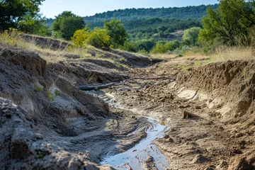Deurstickers landscape with a dried river bed, exposed bottom and earth, drought problem © Anastasiia