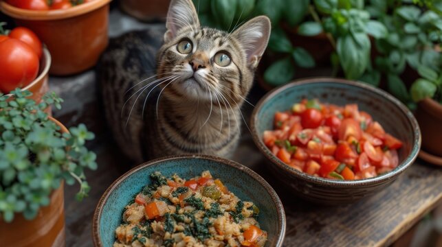 a cat sitting next to a bowl of food on a table next to a potted plant and a potted plant.