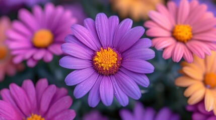 a close up of a bunch of flowers with purple, yellow and pink flowers in the middle of the picture.