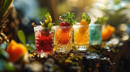 miniature cocktail glasses with tiny garnishes, capturing the essence of a miniature tropical cocktail party - obrazy, fototapety, plakaty