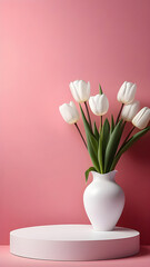 White platform for presentation of products, cosmetics on a pink background with tulips.