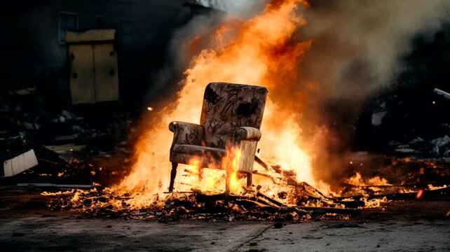 Scene of a burning chair in the yard, 4k animated virtual repeating seamless	
