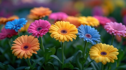 a close up of a bunch of flowers with many colors of flowers in the middle of the frame and a blurry background.