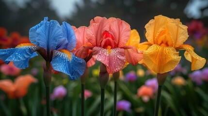 a group of colorful flowers with water droplets on them in the middle of a field of multicolored flowers.