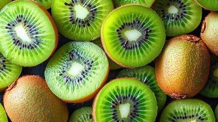 a group of kiwis sitting next to each other on top of a pile of other kiwis.