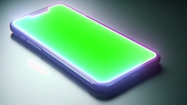 Mobile phone with green screen on a dark background.