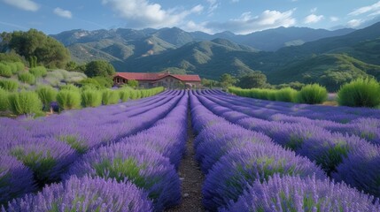 a large field of lavender flowers in front of a house with a mountain in the backgrounnd with a red roof.