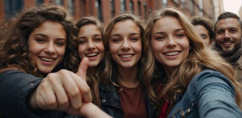 Selfie in a group of friends enjoy together in an urban environment, sharing laughter and good times. Their expressions and postures reflect joy and unity - obrazy, fototapety, plakaty