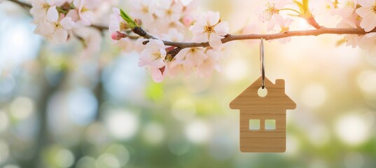 Blooming spring garden with house key hanging on tree branch, blurred private home in background - obrazy, fototapety, plakaty