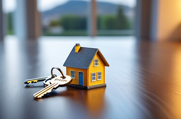 Key and a keychain in the shape of a house. Mortgage, investment, real estate, the concept of a new home. Rent housing banner template. Mortgage loan and insurance offers