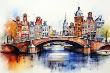 Fototapeta na wymiar A Painting of a Amsterdam Bridge Over a Body of Water