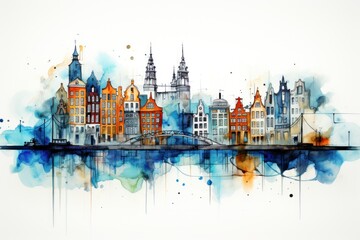 Obraz premium Watercolor Painting of Amsterdam City Skyline