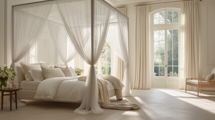 An image showcasing an elegant white bedroom with canopy curtains, creating a luxurious and serene sleep space