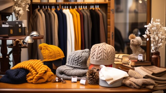 An image showcasing a display of knitted winter accessories, such as scarves and hats, in a stylish boutique setting.