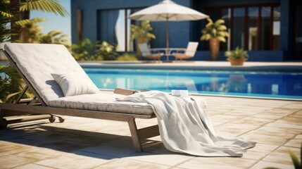 
Scenes of a private poolside sunbathing experience, with a comfortable lounge chair and towels for relaxation