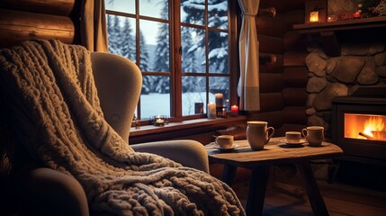 Scenes of a cozy place in a winter cabin, with a roaring fireplace, creating a warm and inviting environment.