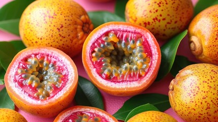 a group of oranges sitting on top of a pink surface next to green leaves and a piece of fruit.