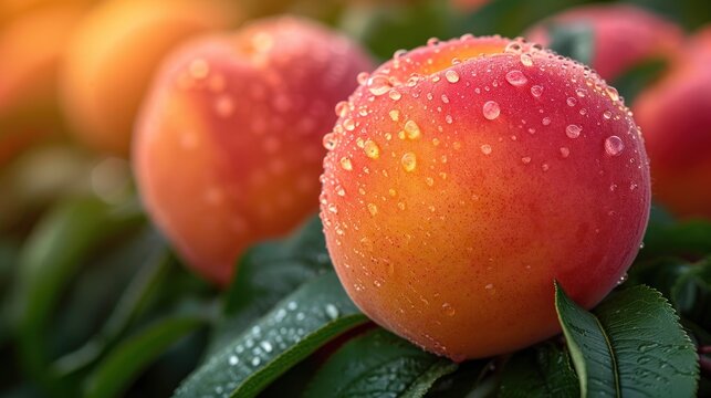 a close up of a bunch of fruit on a tree with water droplets on the top and bottom of the fruit.
